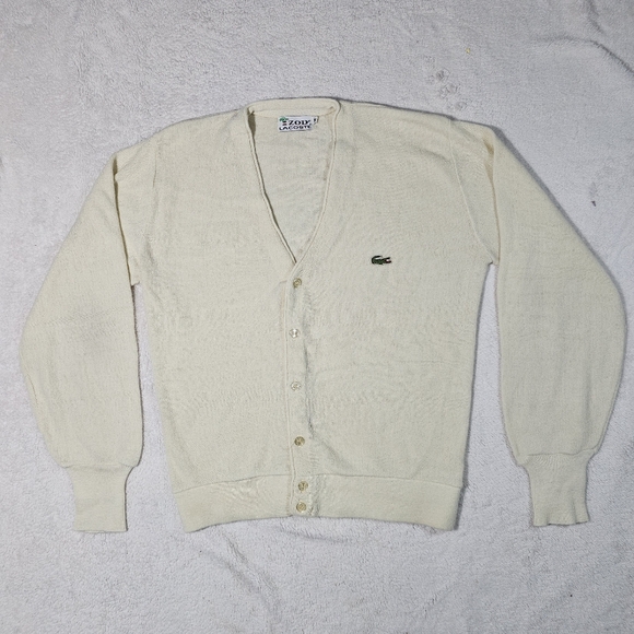 Vintage 70s 80s Izod Lacoste Ivory Cream Orlon Sweater Cardigan Golf Grandpa M